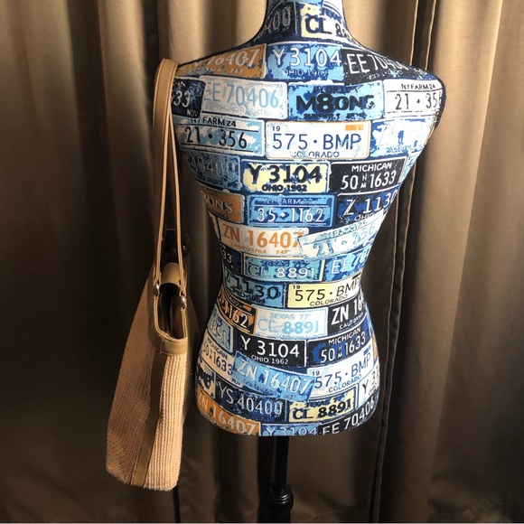 Fossil Woven Fabric Double Strap Shoulder Bag Purse with Plaid Lining - Picture 3 of 16